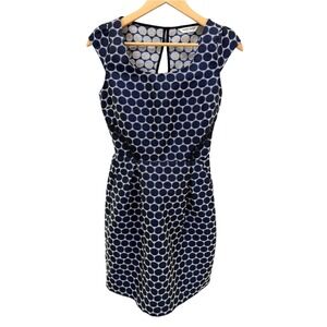 Naf Naf Blue Gold Geometric Metallic Shift Dress Cap Sleeve Retro Mod 34 New